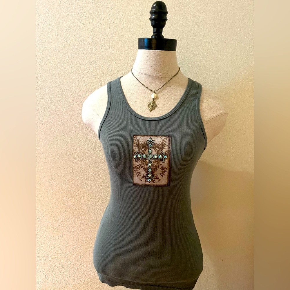 Dusty blue tank with rhinestone cross. Size small.